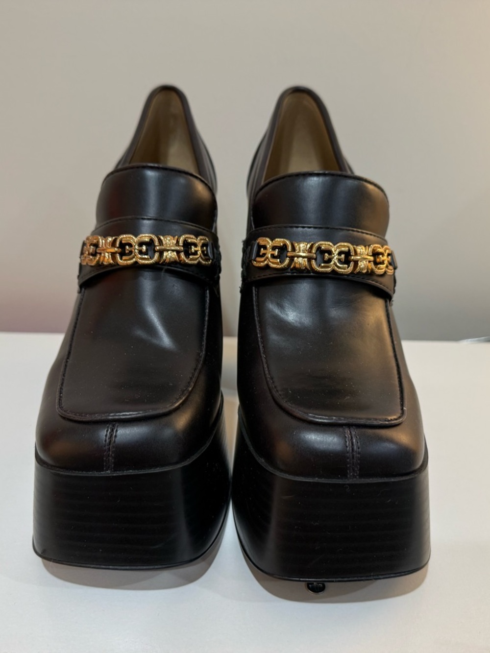 Sam Edelman Black Leather Platform Loafer with Gold Chain Accent - Picture 9 of 10